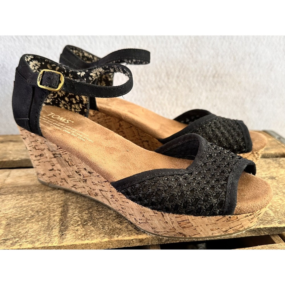 TOMS Wedges Cork Platform Shoes Black Open Toe Sz 5